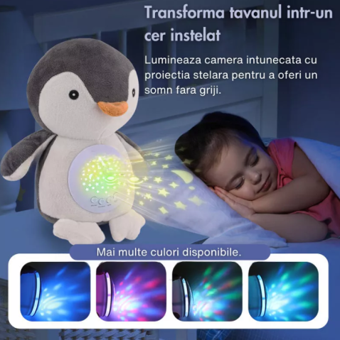 Jucarii de plus - Jucărie de Plus Pinguin / Girafă cu Proiector Stele și Sunete Albe pentru Somn Copii, 25 cm, Night Light Baby