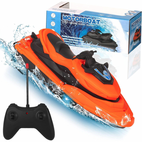 Jet Ski RC 27MHz cu Telecomanda - Motorboat de Viteza pentru Piscina, Lac si Mare, Rezistent la Apa, Baterie Reinlocuibila, 25.8 cm, Jucarie Interactiva pentru Copii - Negru [0]