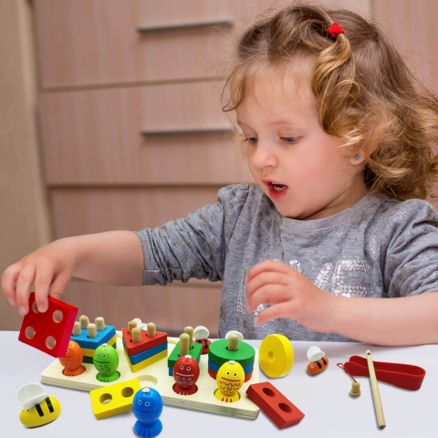 Joc din Lemn 3 in 1: Coloane Sortatoare, Joc de Pescuit si Joc de Dexteritate [1]