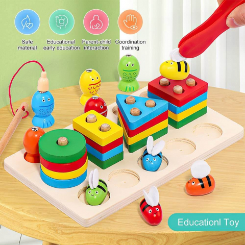 Joc din Lemn 3 in 1: Coloane Sortatoare, Joc de Pescuit si Joc de Dexteritate [4]