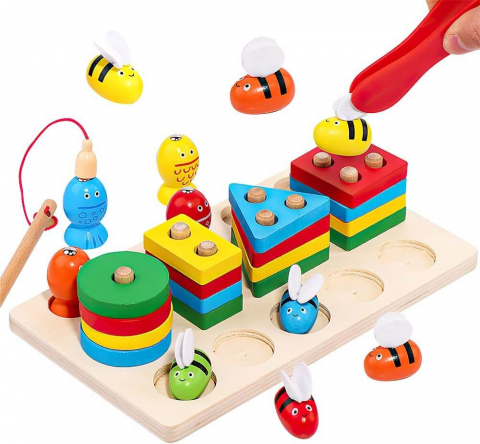 Jocuri din Lemn - Joc din Lemn 3 in 1: Coloane Sortatoare, Joc de Pescuit si Joc de Dexteritate