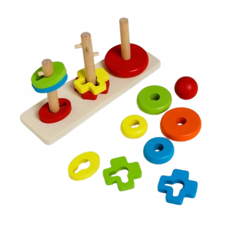 Joc Montessori 3 in 1 din Lemn, Piramida de Stivuit, 14 piese, Multicolor, iStan® [0]