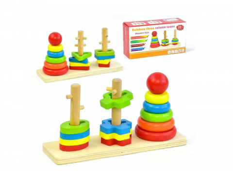 Joc Montessori 3 in 1 din Lemn, Piramida de Stivuit, 14 piese, Multicolor, iStan® [1]
