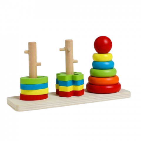 Joc Montessori 3 in 1 din Lemn, Piramida de Stivuit, 14 piese, Multicolor, iStan® [3]