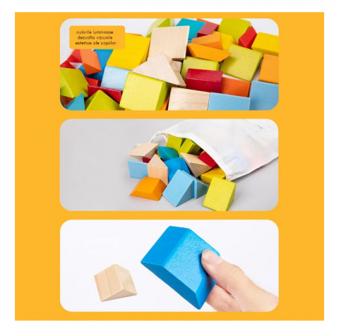 Joc Montessori mozaic de aranjat piese geometrice 3D + carduri cu modele imprimate Fata-Verso, Set 48 Piese, Multicolor, Lemn [2]
