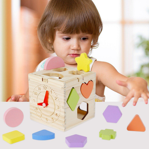 Jucarie educativa, Cub din lemn, Activitati de tip Montessori, de sortare a formelor geometrice, recunoastere a culorilor, invatare ceas, +3 ani [1]