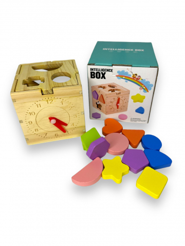Jucarie educativa, Cub din lemn, Activitati de tip Montessori, de sortare a formelor geometrice, recunoastere a culorilor, invatare ceas, +3 ani [2]