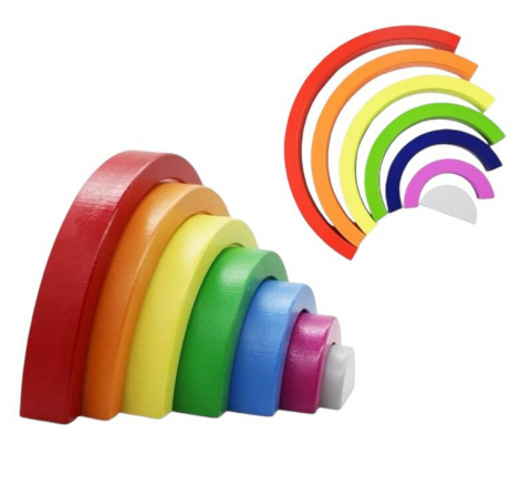Jocuri din Lemn - Jucarie Montessori Educativa, Blocuri de Constructie, Forma de Curcubeu, 24 Piese, Lemn, Multicolor