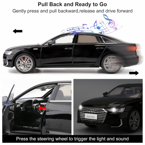 Macheta Audi A6L, 1:18, din Metal, cu Lumini si Sunete realistice de Motor si Alarma, cu Functie Pull-Back, cu Functie de Deschidere a Usilor - Negru [12]