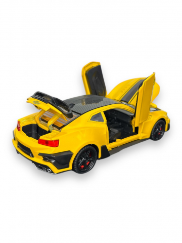 Macheta Chevrolet Camaro, din Metal, cu Lumini ( Faruri si Stopuri ) si Sunete realistice de Motor si Alarma, cu Functie Pull-Back, cu Functie de Deschidere a Usilor, Galben [5]