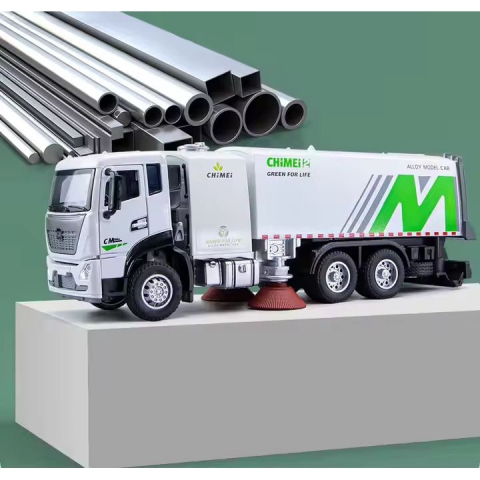 Macheta Cleaning City Truck, din Metal - Vehicul cu Functie Pull-Back, Sunete, Lumini, 22 cm, Usi si Panouri Detasabile, Parte Frontala Deschizabila- Jucarie Camion de Curatenie [1]