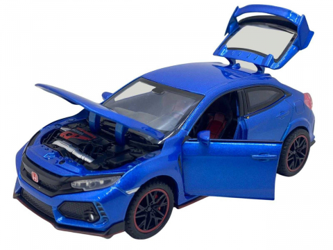 Macheta Honda Civic Type R, Metal, Sunete de Motor si Lumini, Functii de Deschidere Usi si Pull-Back, 15 cm, Albastru [0]