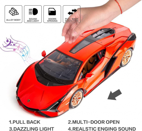 Macheta Lamborghini SIAN, 1:14, din Metal, cu Lumini si Sunete realistice de Motor si Alarma, cu Functie Pull-Back, cu Functie de Deschidere a Usilor - Rosu [5]