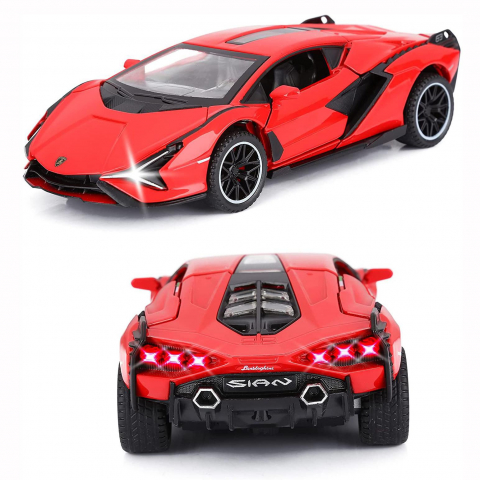 Macheta Lamborghini SIAN, Metal, Sunete de Motor si Lumini, Functii de Deschidere Usi si Pull-Back, Rosu, 15 cm [3]