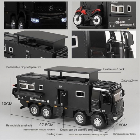 Macheta Mercedes-Benz Arocs Nomadism Navigator 8x8, Metal, Sunete de Motor si Lumini, Functii de Deschidere Usi si Pull-Back, Negru, 1:24 [1]