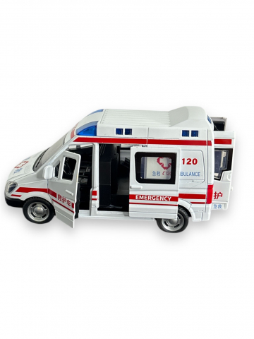 Macheta Mercedes Sprinter, Ambulanta, din Metal, cu Lumini si Sunete realistice de Motor si Alarma, cu Functie Pull-Back, cu Functie de Deschidere a Usilor [1]