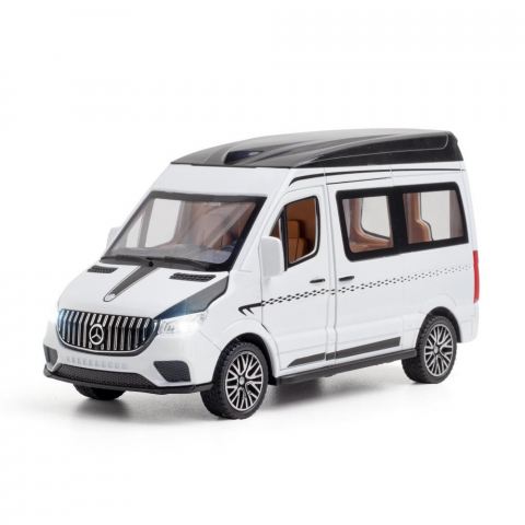 Macheta Mercedes Sprinter, din Metal, cu Lumini si Sunete realistice de Motor si Alarma, cu Functie Pull-Back, cu Functie de Deschidere a Usilor - Alb [0]