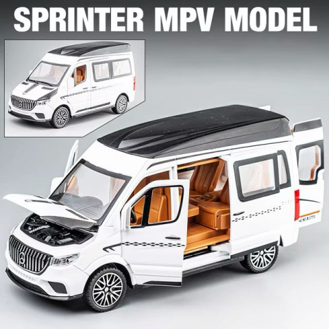 Macheta Mercedes Sprinter, din Metal, cu Lumini si Sunete realistice de Motor si Alarma, cu Functie Pull-Back, cu Functie de Deschidere a Usilor - Alb [14]