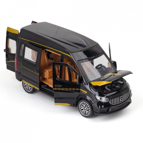 Macheta Mercedes Sprinter, din Metal, cu Lumini si Sunete realistice de Motor si Alarma, cu Functie Pull-Back, cu Functie de Deschidere a Usilor - Negru [14]
