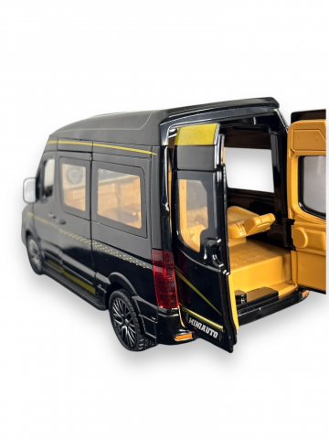 Macheta Mercedes Sprinter, din Metal, cu Lumini si Sunete realistice de Motor si Alarma, cu Functie Pull-Back, cu Functie de Deschidere a Usilor - Negru [2]