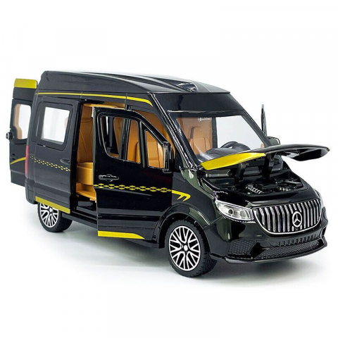 Macheta Mercedes Sprinter, din Metal, cu Lumini si Sunete realistice de Motor si Alarma, cu Functie Pull-Back, cu Functie de Deschidere a Usilor - Negru [0]