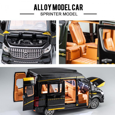 Macheta Mercedes Sprinter, din Metal, cu Lumini si Sunete realistice de Motor si Alarma, cu Functie Pull-Back, cu Functie de Deschidere a Usilor - Negru [13]