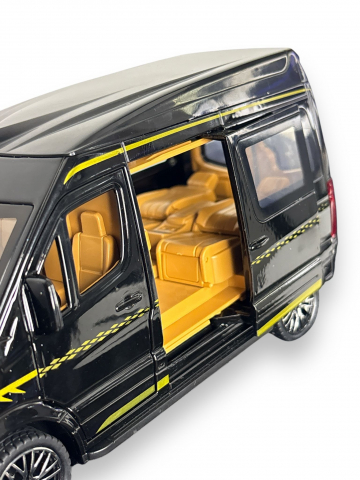 Macheta Mercedes Sprinter, din Metal, cu Lumini si Sunete realistice de Motor si Alarma, cu Functie Pull-Back, cu Functie de Deschidere a Usilor - Negru [10]