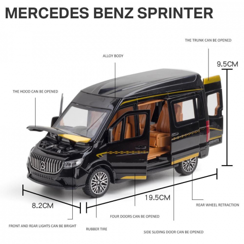 Macheta Mercedes Sprinter, din Metal, cu Lumini si Sunete realistice de Motor si Alarma, cu Functie Pull-Back, cu Functie de Deschidere a Usilor - Negru [15]