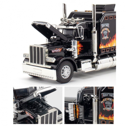 Macheta Metalica TIR, Model American Peterbilt cu Lumini, Sunete Realiste, Faruri Luminoase, Capota si Usi Mobile, 24 cm - Negru [5]
