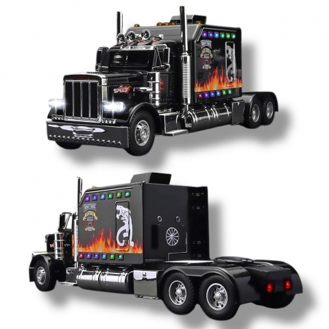 Automachete - Macheta Metalica TIR, Model American Peterbilt cu Lumini, Sunete Realiste, Faruri Luminoase, Capota si Usi Mobile, 24 cm - Negru