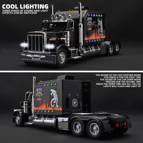 Macheta Metalica TIR, Model American Peterbilt cu Lumini, Sunete Realiste, Faruri Luminoase, Capota si Usi Mobile, 24 cm - Negru [2]