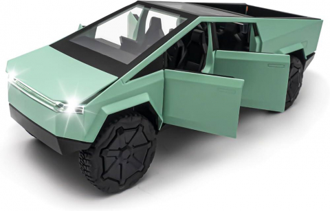 Automachete - Macheta Tesla Cybertruck, Faruri si Stopuri Luminoase, din Metal, cu Lumini si Sunete realistice de Motor si Alarma, Volan Functional, cu Functie Pull-Back, cu Functie de Deschidere a Usilor - Verde