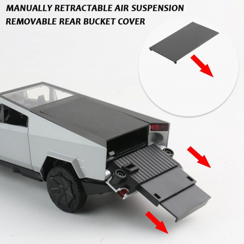 Macheta Tesla Cybertruck, Faruri si Stopuri Luminoase, din Metal, cu Lumini si Sunete realistice de Motor si Alarma, Volan Functional, cu Functie Pull-Back, cu Functie de Deschidere a Usilor - Gri [7]
