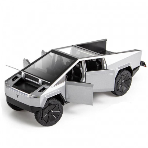 Macheta Tesla Cybertruck, Faruri si Stopuri Luminoase, din Metal, cu Lumini si Sunete realistice de Motor si Alarma, Volan Functional, cu Functie Pull-Back, cu Functie de Deschidere a Usilor - Gri [19]