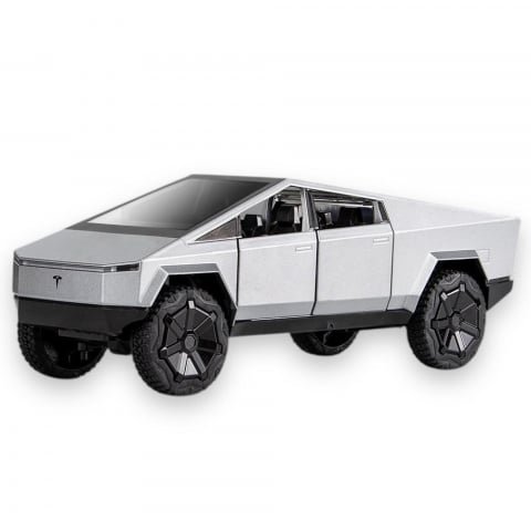 Automachete - Macheta Tesla Cybertruck, Faruri si Stopuri Luminoase, din Metal, cu Lumini si Sunete realistice de Motor si Alarma, Volan Functional, cu Functie Pull-Back, cu Functie de Deschidere a Usilor - Gri