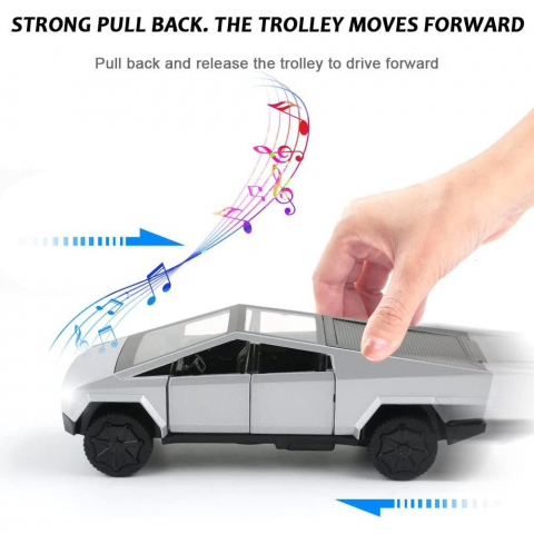 Macheta Tesla Cybertruck, Faruri si Stopuri Luminoase, din Metal, cu Lumini si Sunete realistice de Motor si Alarma, Volan Functional, cu Functie Pull-Back, cu Functie de Deschidere a Usilor - Gri [4]