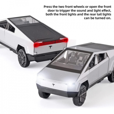 Macheta Tesla Cybertruck, Faruri si Stopuri Luminoase, din Metal, cu Lumini si Sunete realistice de Motor si Alarma, Volan Functional, cu Functie Pull-Back, cu Functie de Deschidere a Usilor - Gri [5]