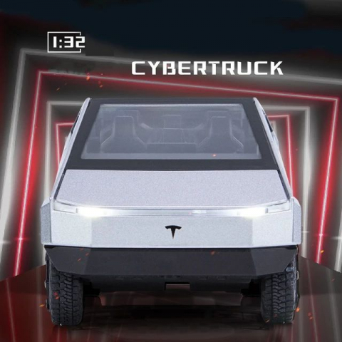 Macheta Tesla Cybertruck, Faruri si Stopuri Luminoase, din Metal, cu Lumini si Sunete realistice de Motor si Alarma, Volan Functional, cu Functie Pull-Back, cu Functie de Deschidere a Usilor - Gri [1]
