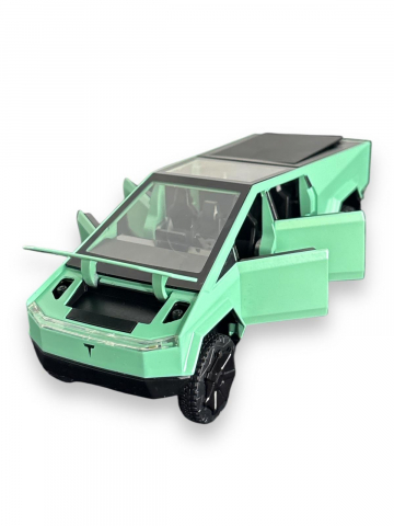 Macheta Tesla Cybertruck, Faruri si Stopuri Luminoase, din Metal, cu Lumini si Sunete realistice de Motor si Alarma, Volan Functional, cu Functie Pull-Back, cu Functie de Deschidere a Usilor - Verde [15]