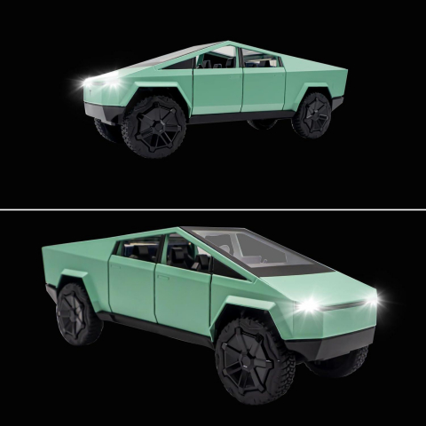 Macheta Tesla Cybertruck, Faruri si Stopuri Luminoase, din Metal, cu Lumini si Sunete realistice de Motor si Alarma, Volan Functional, cu Functie Pull-Back, cu Functie de Deschidere a Usilor - Verde [4]