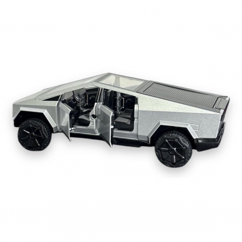 Macheta Tesla Cybertruck, Faruri si Stopuri Luminoase, din Metal, cu Lumini si Sunete realistice de Motor si Alarma, Volan Functional, cu Functie Pull-Back, cu Functie de Deschidere a Usilor - Gri [14]