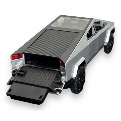 Macheta Tesla Cybertruck, Faruri si Stopuri Luminoase, din Metal, cu Lumini si Sunete realistice de Motor si Alarma, Volan Functional, cu Functie Pull-Back, cu Functie de Deschidere a Usilor - Gri [15]