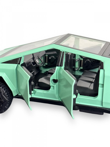 Macheta Tesla Cybertruck, Faruri si Stopuri Luminoase, din Metal, cu Lumini si Sunete realistice de Motor si Alarma, Volan Functional, cu Functie Pull-Back, cu Functie de Deschidere a Usilor - Verde [13]