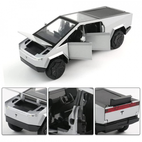 Macheta Tesla Cybertruck, Faruri si Stopuri Luminoase, din Metal, cu Lumini si Sunete realistice de Motor si Alarma, Volan Functional, cu Functie Pull-Back, cu Functie de Deschidere a Usilor - Gri [3]