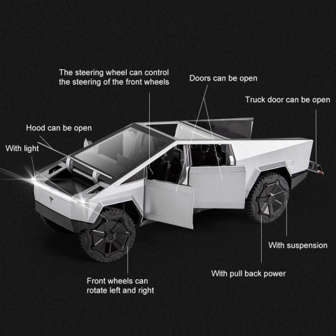 Macheta Tesla Cybertruck, Faruri si Stopuri Luminoase, din Metal, cu Lumini si Sunete realistice de Motor si Alarma, Volan Functional, cu Functie Pull-Back, cu Functie de Deschidere a Usilor - Gri [11]