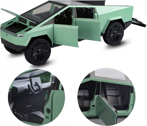 Macheta Tesla Cybertruck, Faruri si Stopuri Luminoase, din Metal, cu Lumini si Sunete realistice de Motor si Alarma, Volan Functional, cu Functie Pull-Back, cu Functie de Deschidere a Usilor - Verde [2]
