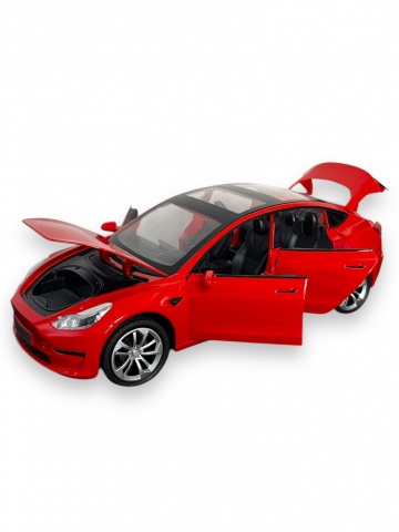 Macheta Tesla Model 3, din Metal, cu Faruri si Stopuri care Lumineaza, Sunete realistice de Motor si Alarma, cu Functie Pull-Back, cu Functie de Deschidere a Usilor - Rosu [1]