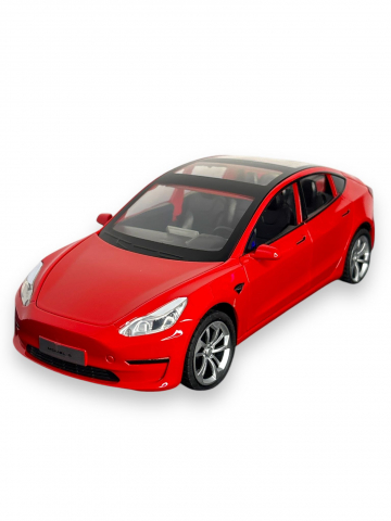 Macheta Tesla Model 3, din Metal, cu Faruri si Stopuri care Lumineaza, Sunete realistice de Motor si Alarma, cu Functie Pull-Back, cu Functie de Deschidere a Usilor - Rosu [0]