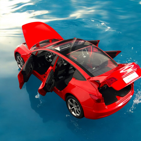 Macheta Tesla Model 3, din Metal, cu Faruri si Stopuri care Lumineaza, Sunete realistice de Motor si Alarma, cu Functie Pull-Back, cu Functie de Deschidere a Usilor - Rosu [9]