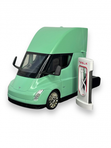 Macheta Tesla Semi-Trailer Truck Head, cu Statie de Incarcare, din Metal, cu Lumini si Sunete realistice de Motor si Alarma, cu Functie Pull-Back, cu Functie de Deschidere a Usilor - Verde [4]